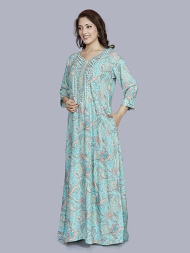 Image of sanaa Women Printed Embroidered Viscose Kaftan Nightdress