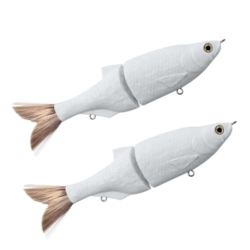 2 Pack Glide Bait Blanks – Unpainted Swimbait Lures for Bass & Musky, with Fiber Tail, Gravity Ball, 3D Eyes & Steel-Wire Joints for S-Shaped Swim