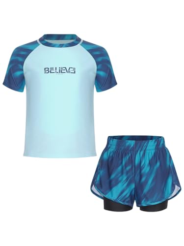 Little Big Girls Pcs Rash Guard Sets Short Sleeve Swim Shirts with Boardshorts Bathing Suits