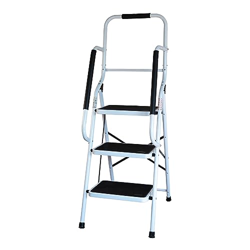 3 Step Safety Stepladder – White Foldable Decorating Platform Ladder with Wide Non-Slip Treads, Safety Handrail & Rubber Ferrules, Ideal for Cleaning & Home DIY – 150kg Capacity, H135 x W48 x D72cm