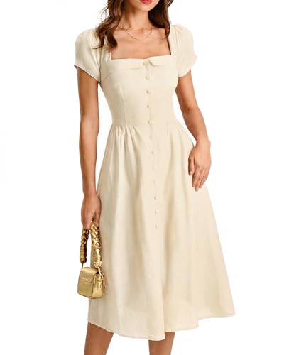 RIHOAS Elegant Casual Dresses for Women Short Sleeve Puff Square Neck A-Line Midi Dress Beige, XS