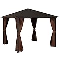 Outsunny 10' x 10' Hardtop Gazebo Canopy with Galvanized Steel Roof, Aluminum Frame, Permanent Pavilion Outdoor Gazebo with Hook, Netting and Curtains for Patio, Garden, Backyard, Dark Brown