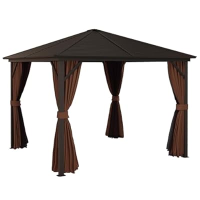 Outsunny 10' x 10' Hardtop Gazebo Canopy with Galvanized Steel Roof, Aluminum Frame, Permanent Pavilion Outdoor Gazebo with Hook, Netting and Curtains for Patio, Garden, Backyard, Dark Brown