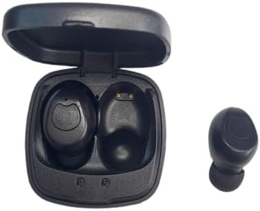 Image showing a black earbud next to its charging case, with the other earbud inside, illustrating the charging contacts.
