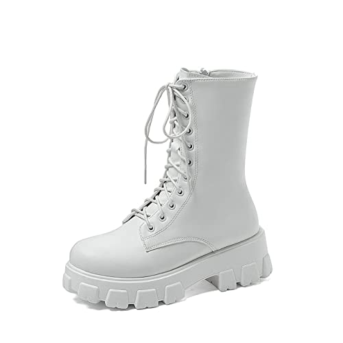 HINDOLA Women's Platform Chelsea Combat Boots Lace up Mid Calf Knight Boots Low Heel Platform Side Zip Ankle Boots