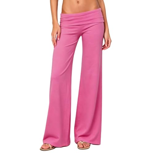 Image of Lounge Yoga Pants for Women Fold Over Low Waist Wide Leg Bell Bottoms