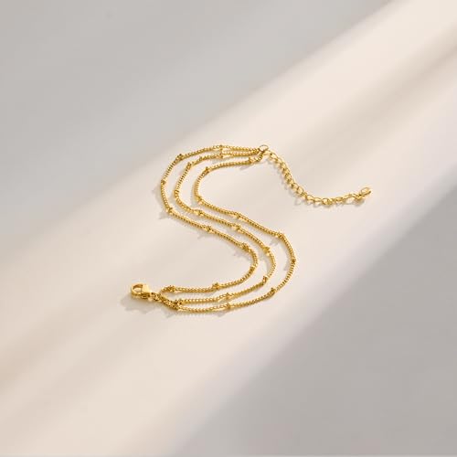 Bracelet for Women - Dainty Stack Bracelets Trendy Adjustable 14K Gold Plated Thin Paperclip Bead Box Satellite Figaro Cuban Link Chain Bracelet Set for Women Waterproof Jewelry Gift