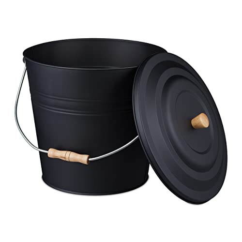 Relaxdays Ascheeimer mit Deckel, 12 L, Kamineimer, Stahl & Holz, Aschebehälter mit Henkel, Kamin, Ofen & Grill, 90% Stahl, Schwarz, Hellbraun, 32 x 35,5 x 33 cm