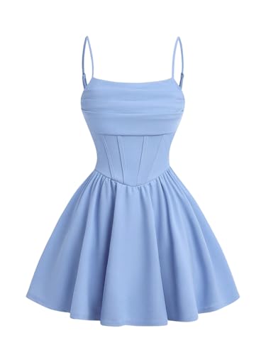 SHENHE Girl's Spaghetti Strap Corset Dress Pleated A Line Fit and Flare Cami Dress Light Blue 13 Years