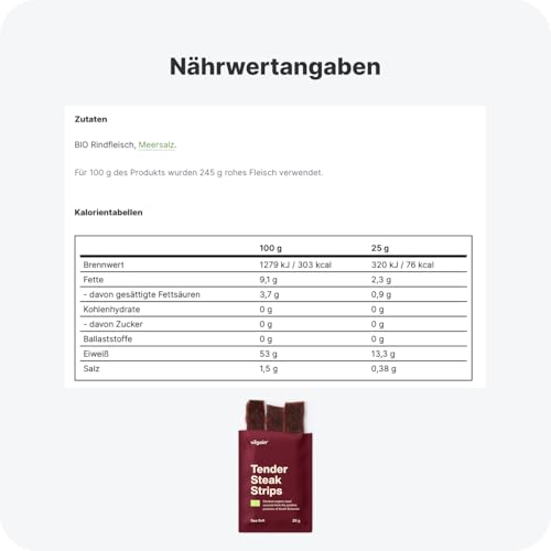 Vilgain Getrocknete Steakstreifen BIO – 25 g, 98,5% hochwertiges Rindfleisch, proteinreich, salziger Snack, ohne Zusatzstoffe, aus zertifizierten Bio-Betrieben, ideal für unterwegs