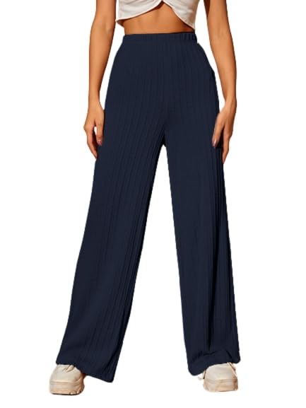 Image of TOPLOT Ribbed Knit Trousers for Woman | High Waist Wide Leg Palazzo Pants with Elastic Waist | Straight Relaxed Fit Casual, Office, Travel & Lounge Wear (5252)