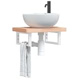 Mangloder - Scaffale per lavandino, montaggio a parete, in acciaio e legno massello di faggio, 50 x 35 cm, con 2 supporti, bianco, per mobili da bagno e lavandino, portaoggetti per cosmetici
