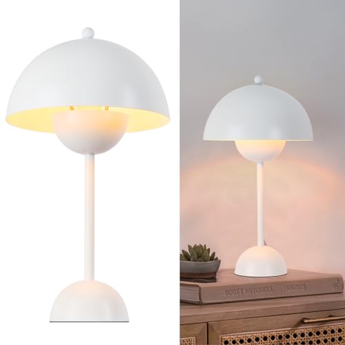 Alpinaluz Retro-Tischlampe aus Stahl – skandinavisches Design mit doppelter halbkugelförmiger Kuppel, indirektes Licht, E27-Sockel, für Nachttisch, Schreibtisch oder modernes Wohnzimmer (weiß)