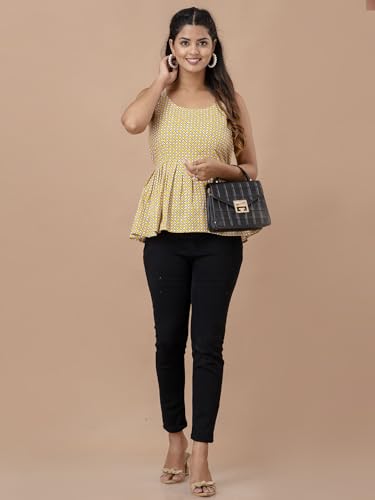 Image of feranoid Women Cotton Printed Sleeveless Strap Peplum Top
