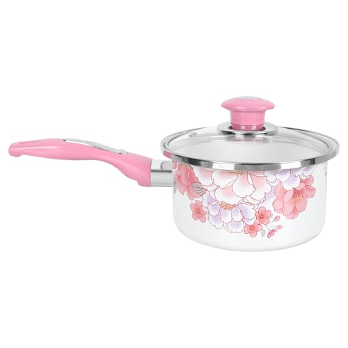 Enamel Saucepan 1500ml, Floral Small Cooking Pot Casserole with Glass Lid, Handle, Milk Pan Ramen Stockpots for Induction, Electric and Gas Stoves.