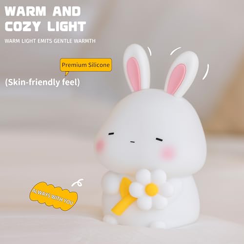Image of Led Cute Flower Bunny Night Light, Dimmable Timer Kawaii Lamps, Super Squishy Silicone USB Rechargeable Touch Control Night Lamp, Used for Camping Party Room Decor (Bunny with Flower)