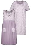 Ulla Popken Damen Bigshirt, 2er-Pack, ärmellos/Halbarm, Biobaumwolle Nachthemd, helllila, 50/52