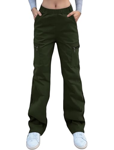 Nuofengkudu Anchous Pantalones Cargo Mujer Elasticos Cintura Alta Cremallera Bolsillos Largos Sueltos Pantalón Trabajo Joven Moda Comodo Punk Gotico Casual Street Pants Verde M