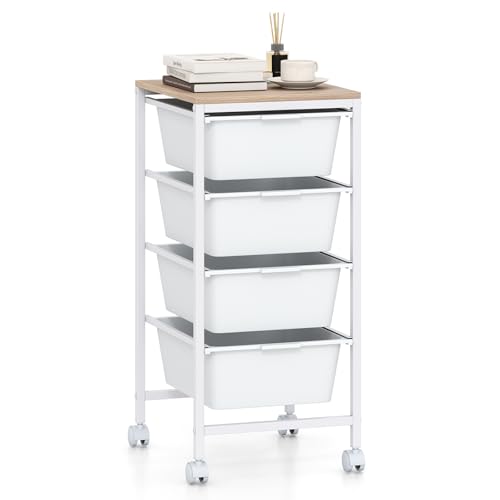 GOFLAME 4-Drawer Rolling Storage Cart, Craft Storage Cart with Wooden Tabletop and Lockable Wheels, Art Cart Supply Storage Organizer with Metal Frame for Home Office Classroom, White