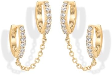 PAVOI 14K Gold Chain Earrings for Women, Cubic Zirconia Pearl Hoop Earrings for Women