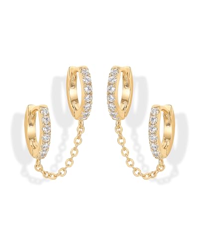 PAVOI 14K Gold Plated Chain Earrings for Women - Double Piercing Dangle Chain Huggie Hoop Earrings - Cubic Zirconia Single Stud Ear Cuff Earrings for Women
