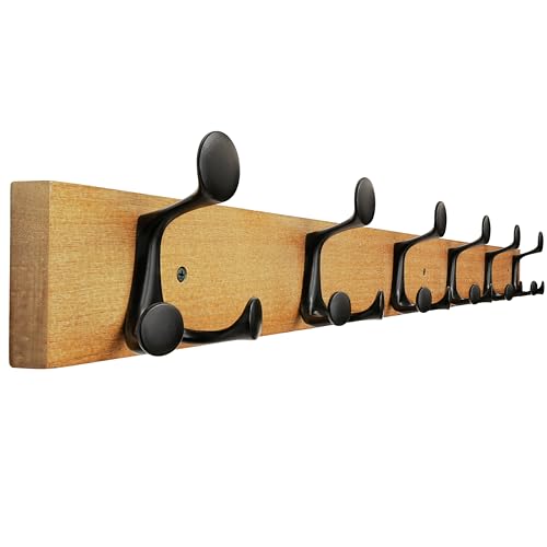 SKOLOO 99cm Light Brown Wood Coat Rack Wall Mount with 6 Triple Hooks - Ideal for Family Entrances, Classrooms, and Pet Supplies Storage - Perfect Coat Hooks for Wall