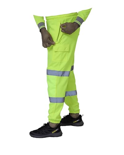 Image of Dolce Vari 100% Polyester Hi Viz Mens Work Trousers Hi Viz Jogging Bottoms Safety Sweat Pants Multi Pockets Super Soft Hi Vis Cargo Security Work Wear Trousers ((XL, Yellow)