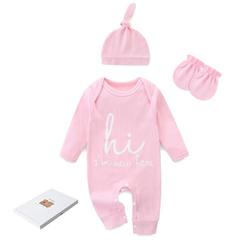 Jomixa Newborn Girls and Boys Romper, Hi I’m New Here Long Sleeve Cotton Baby Clothes, Coming Home Outfit (Pink, Newborn)