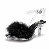omthaka Women's Fuzzy Clear Heels Ankle Strap Stiletto Sandals Fluffy Feather Slip On High Heeled Party Prom Dresses ShoesBlack-38 US8