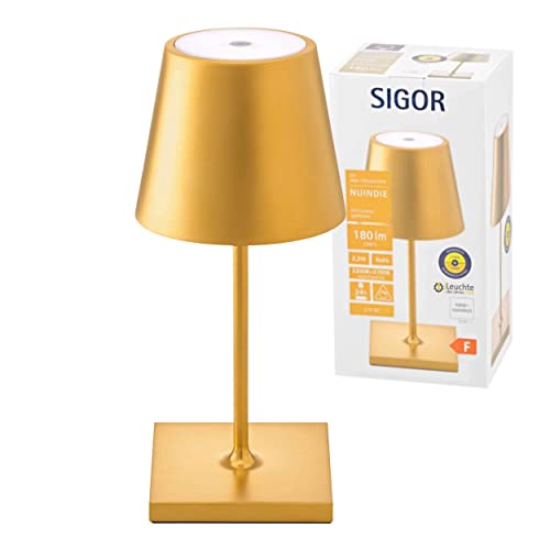 SIGOR Nuindie Mini - Lámpara de mesa con pila de led regulable para interiores & exteriores, altura de 25 cm, recargable con Easy-Connect, 24 h de iluminación, Oro Cover