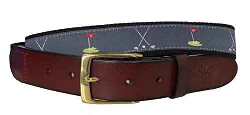 Mens Golf Leather Belt, Leather Tab and Buckle, Dark Gray Golf Ribbon with 9th and 18th Hole