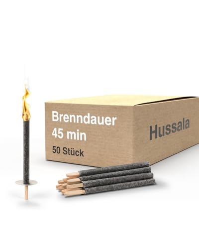 Hussala Diamond Wachsfackeln [50 Stück / 45 min] mit Holzstab und Tropschutz, Garten Fackeln aus Diamond-Wachs