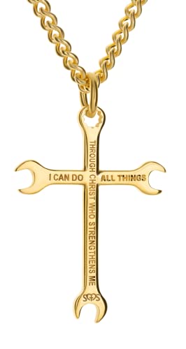 Shields of Strength Men’s Wrench Cross Necklace – Stainless Steel or Gold Plated | Philippians 4:13 “I Can Do All Things Through Christ” | Christian Jewelry