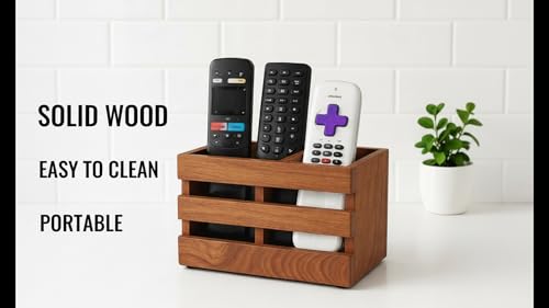 Image of Wooden Remote Control Holder Stand for Living Room & Bedroom | 2 Compartment Remote Organizer for TV, Sofa & Side Table | Brown