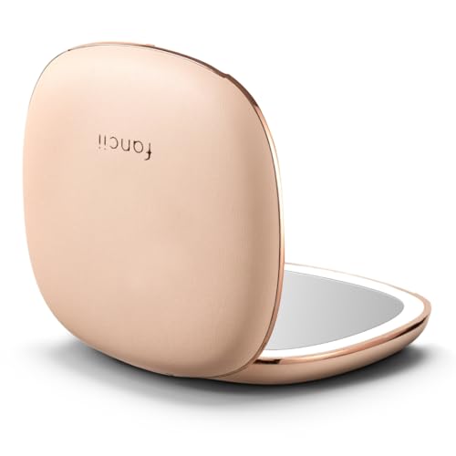 Fancii Mila 2 Compact Makeup Mirror with LED Light, Rechargeable, 10x /1x Magnifying, Tru-Glow Lighting System, Vegan Leather, Small Travel Mirror for Purses (Champagne Cream)