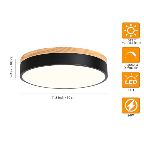 Dimmable Wood LED Flush Mount Ceiling Light, 5CCT 2700K-6000K Modern Black Close to Ceiling Lighting Fixtures, Minimalist Round Ceiling Lamp for Bedroom, Kitchen, Hallway, Laundry Room - Image 6
