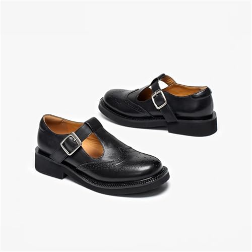 Women's Throwback-Inspired Calfskin Mary Janes - T-Strap Buckle Waxing Round Toe Flats3