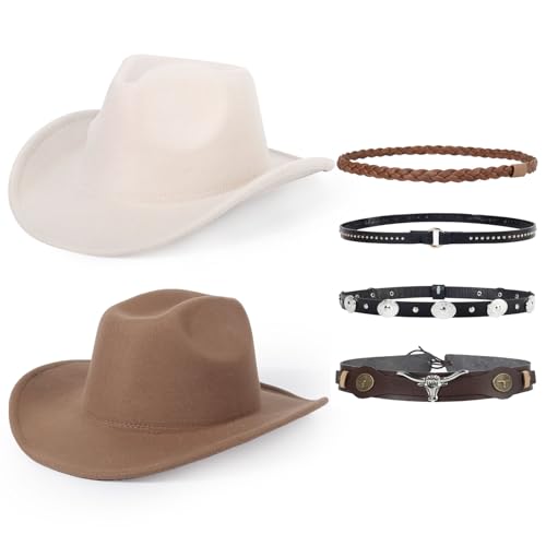 Image of 2 Pack Western Cowboy Hats for Women Men 4 Different hat Bands | Classic Felt Wide Brim Costume Cow Boy Hat Curved Brim Cowgirl Hat
