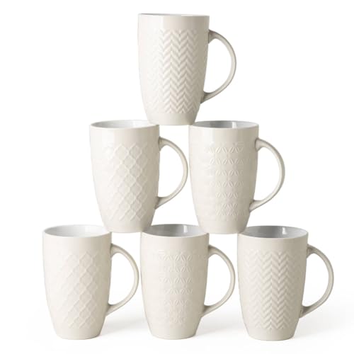 AmorArc Extra Large Coffee Mugs Set of 6, 20oz Ceramic Tall Coffee Mugs Set with Textured Geometric Patterns for Coffee/Tea/Beer/Hot Cocoa, Dishwasher & Microwave Safe,Beige