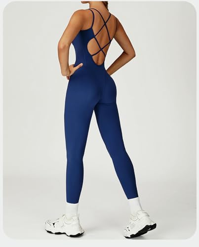 Ropa de yoga para mujer en una sola pieza azul oscuro con espalda cruzada talla M 4