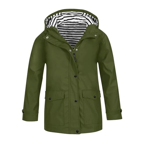 Pac-a-Mac - Chaqueta impermeable para niñas, resistente al viento, a rayas, con capucha, cremallera, cortavientos, para adolescentes, con botones, deportiva, casual, plegable, para exteriores, verde