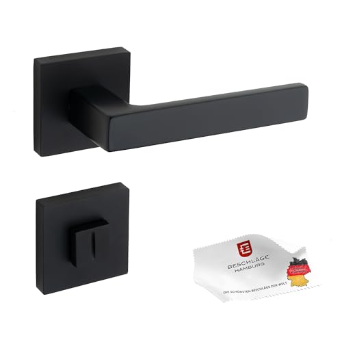 Beschläge Hamburg | Türgriffe Türbeschlag | MARS 44Z SM WC | Türklinken mit Bad Rosetten 51 x 51 mm für Zimmertür und Toilette | Drückergarnitur/Türdrücker für Innentüren | aus ZAMAK in schwarz matt