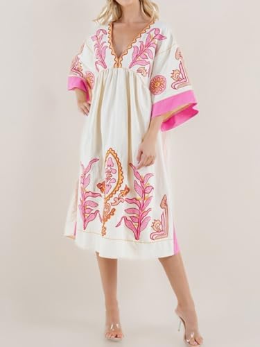 Image of Joiemont Womens Oversized Floral Embroidered Long Dress with V-Neck and 3 /4 Sleeves Vintage Embroidery Babydoll Dress