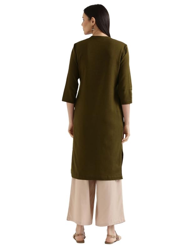 Image of SAADAA Women's Linen Blend Long Kurta with Viscose Palazzo Set | Straight Fit Kurta with Wide Leg Palazzo | Solid Ethnic Co-ord Set for Office & Casual Wear