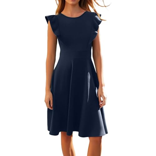Women's Summer Dresses Ruffle Sleeveless Slim Waist Flowy Mini Dress Crew Neck Cocktail Party Evening A Line Dress