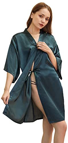 Df-Deals Women's Satin Kimono Robe For Bridesmaid And Bride Wedding Party Getting Ready Short Robe With Gold Glitter Dark Green X-Large 8-10 #TOP2