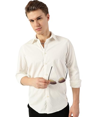 Image of Thomas Scott Men's | Solid | Textured Fabric | Full Sleeve | Slim Fit | Polyester-Blend | Spread Collar | Casual Shirt