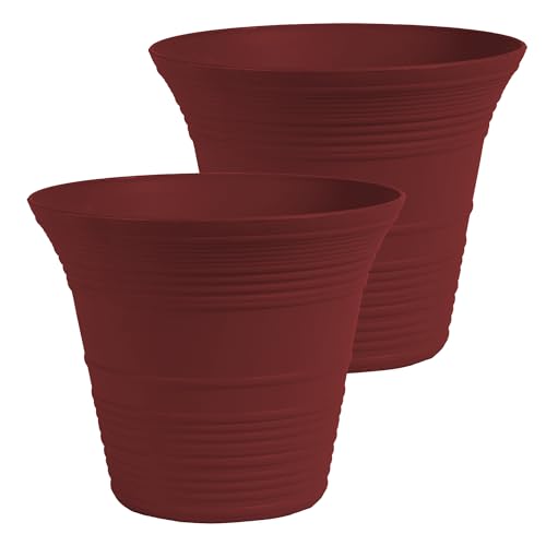 The HC Companies 12 Inch Sedona Round Self Watering Planter Pots, Lightweight UV-Resistant Plastic Indoor & Outdoor Planters, 2-Pack Flower Pots for Garden & Home Decor, Wild Red