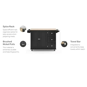 Kitchen Island Cart with Wood Top Drop Leaf Bar Storage Towel Rack and Wheels Black