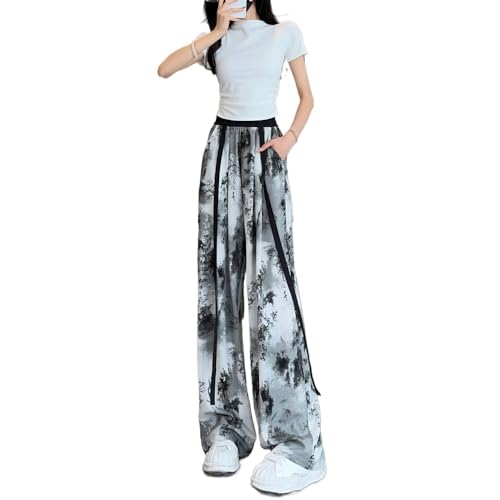 Women's Summer Satin Elastic high Waisted Wide Leg Pants, Breathable and Loose tie dye Casual Pants